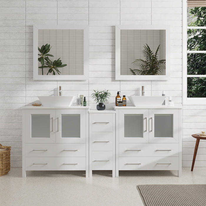 72" Double Sink Modern Bathroom Vanity Set with White Engineered Marble Top, Ceramic Vessel Sinks & Free Mirrors – Large Storage Cabinet with 7 Drawers VA3130-72