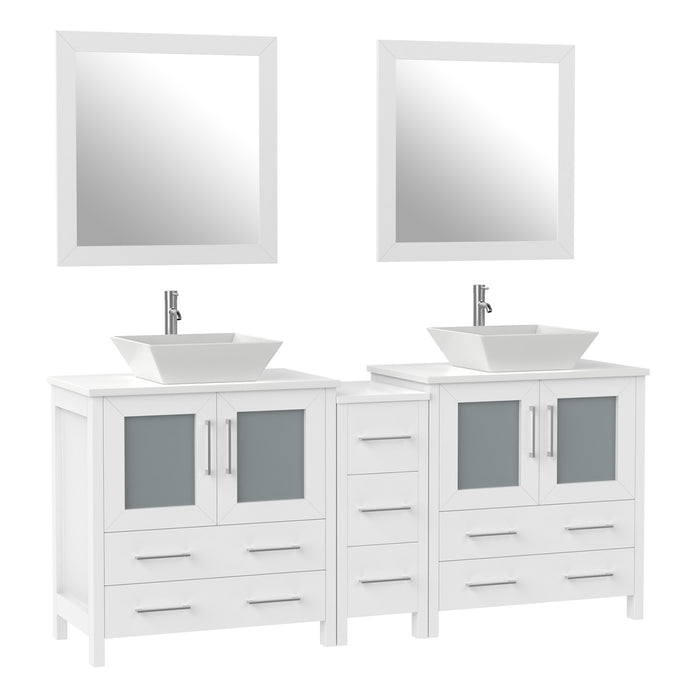 72" Double Sink Modern Bathroom Vanity Set with White Engineered Marble Top, Ceramic Vessel Sinks & Free Mirrors – Large Storage Cabinet with 7 Drawers VA3130-72