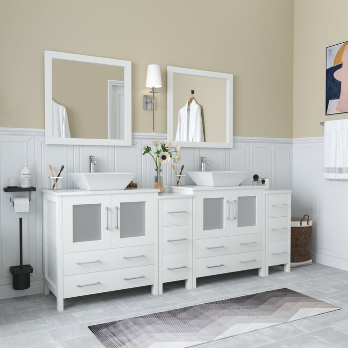 Ravenna 84" Double Sink Bathroom Vanity Combo Set, 10-Drawers, 2-Shelves, 4 Cabinet Engineered Marble Top and Ceramic Sink Bathroom Cabinet with Mirrors