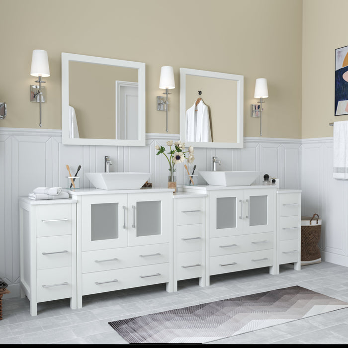 Ravenna 96" Double Sink Bathroom Vanity Combo Set, 13 Drawers 2 Shelves 5 Cabinets Engineered Marble Top and Ceramic Sink Bathroom Cabinet with Mirrors