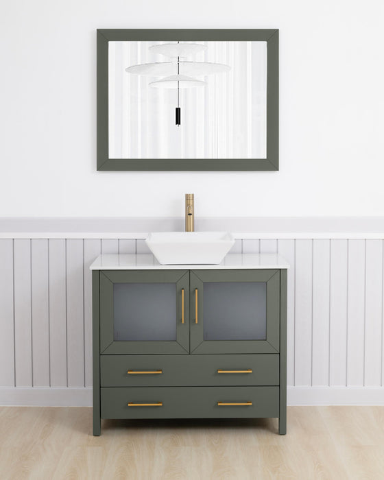 Ravenna 36" Single Sink Bathroom Vanity Combo Set, 2 Drawers 1 Shelf Single Cabinet White Engineered Marble Top and Ceramic Sink Bathroom Cabinet with Free Mirror