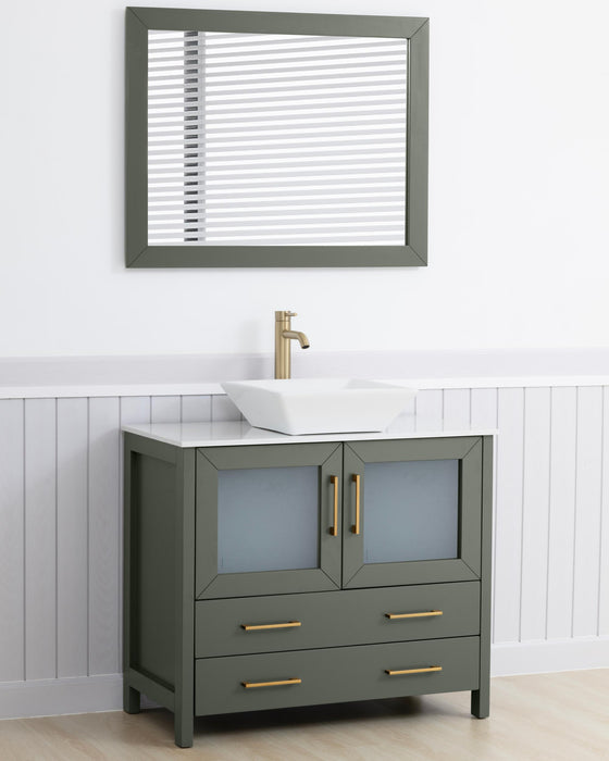 Ravenna 36" Single Sink Bathroom Vanity Combo Set, 2 Drawers 1 Shelf Single Cabinet White Engineered Marble Top and Ceramic Sink Bathroom Cabinet with Free Mirror