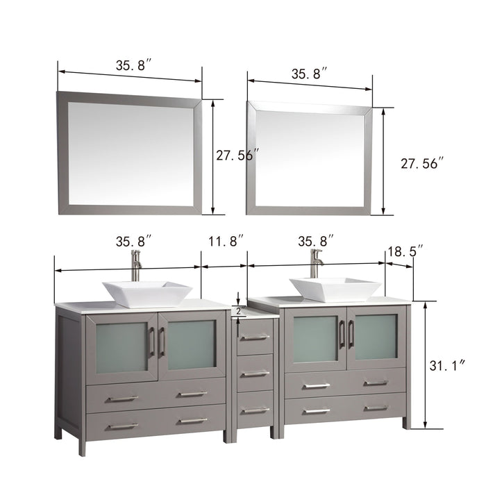 Ravenna 84" Double Sink Bathroom Vanity Combo Set, 7-Drawers, 2 Shelve, 3 Cabinet White Engineered Marble Top and Ceramic Vessel Sink Bathroom Cabinet with Free Mirrors