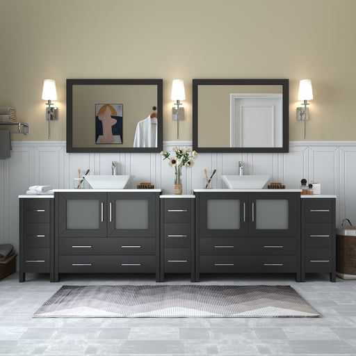 Ravenna 108" double sink bathroom vanity combo in espresso with vessel sinks, mirrors, and wall sconces