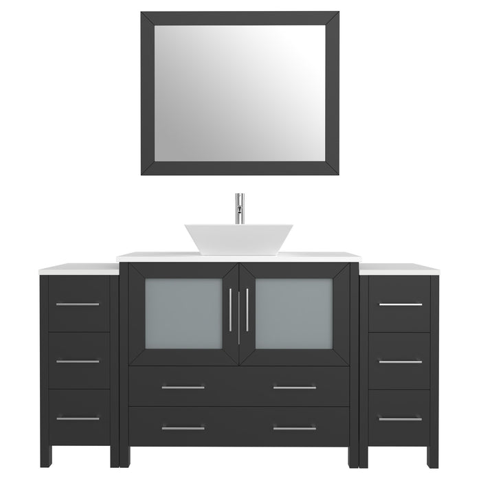 60" Single Sink Modern Bathroom Vanity Set with Engineered Marble Top, Ceramic Vessel Sinks & Free Mirror – Storage Cabinet with 8 Drawers VA3136-60