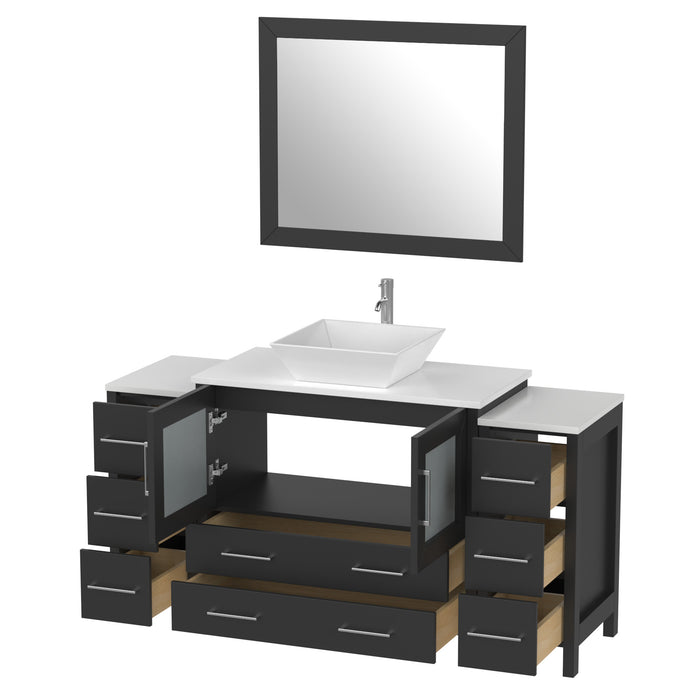 60" Single Sink Modern Bathroom Vanity Set with Engineered Marble Top, Ceramic Vessel Sinks & Free Mirror – Storage Cabinet with 8 Drawers VA3136-60