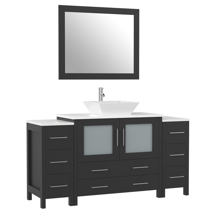 60" Single Sink Modern Bathroom Vanity Set with Engineered Marble Top, Ceramic Vessel Sinks & Free Mirror – Storage Cabinet with 8 Drawers VA3136-60