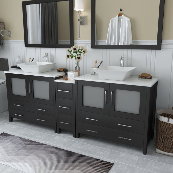 Ravenna 84" Double Sink Bathroom Vanity Combo Set, 7-Drawers, 2 Shelve, 3 Cabinet White Engineered Marble Top and Ceramic Vessel Sink Bathroom Cabinet with Free Mirrors