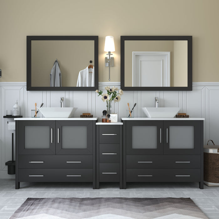Ravenna 84" Double Sink Bathroom Vanity Combo Set, 7-Drawers, 2 Shelve, 3 Cabinet White Engineered Marble Top and Ceramic Vessel Sink Bathroom Cabinet with Free Mirrors