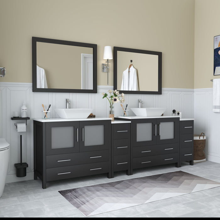 Ravenna 96" Double Sink Bathroom Vanity Combo Set, 10 Drawers 2 Shelves 4 Cabinets White Engineered Marble Top and Ceramic Vessel Sink Bathroom Cabinet with Free Mirrors
