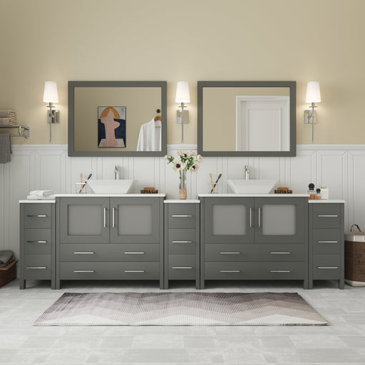 Ravenna 108" double sink bathroom vanity combo in gray with vessel sinks, framed mirrors, and wall sconces