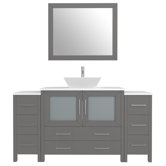 60" Single Sink Modern Bathroom Vanity Set with Engineered Marble Top, Ceramic Vessel Sinks & Free Mirror – Storage Cabinet with 8 Drawers VA3136-60