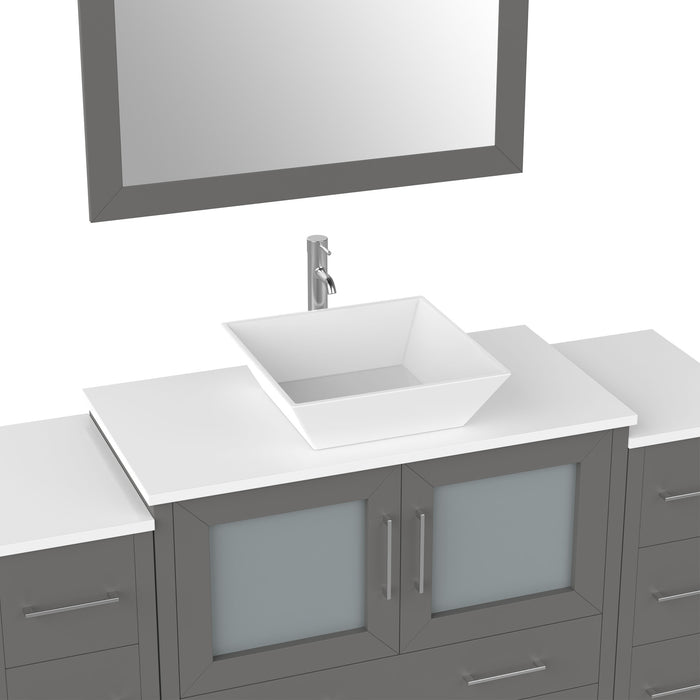 60" Single Sink Modern Bathroom Vanity Set with Engineered Marble Top, Ceramic Vessel Sinks & Free Mirror – Storage Cabinet with 8 Drawers VA3136-60