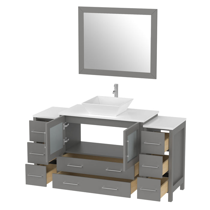 60" Single Sink Modern Bathroom Vanity Set with Engineered Marble Top, Ceramic Vessel Sinks & Free Mirror – Storage Cabinet with 8 Drawers VA3136-60