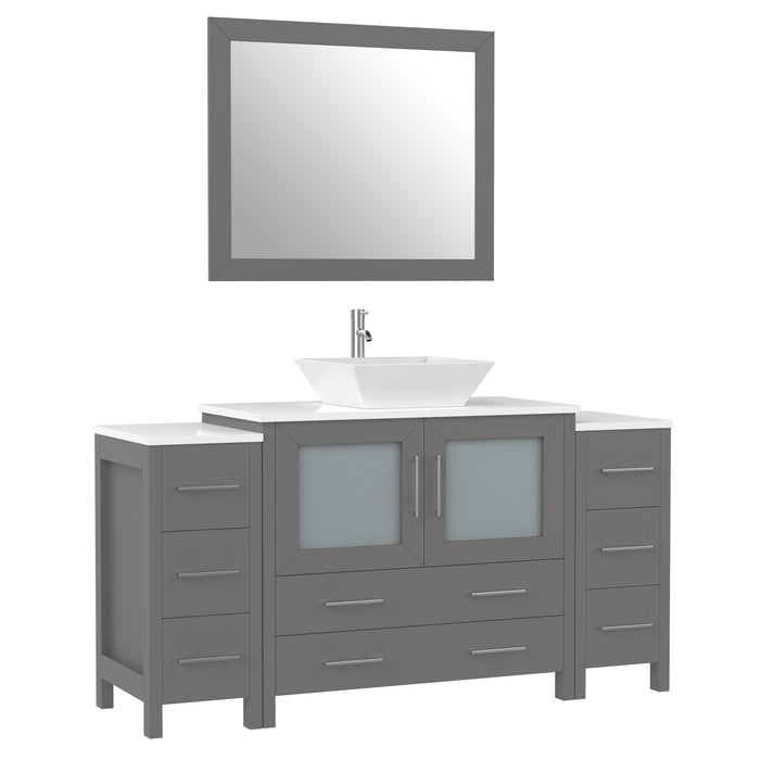 60" Single Sink Modern Bathroom Vanity Set with Engineered Marble Top, Ceramic Vessel Sinks & Free Mirror – Storage Cabinet with 8 Drawers VA3136-60