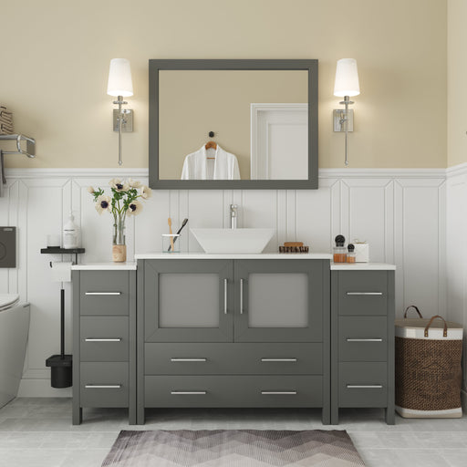 Ravenna 60-inch gray single sink bathroom vanity set with vessel sink, framed mirror, and wall sconces, front view