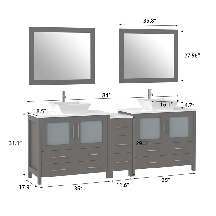 84" Double Sink Modern Bathroom Vanity Set with White Engineered Marble Top & Free Mirrors – Large Storage Cabinet with 7 Drawers VA3136-84
