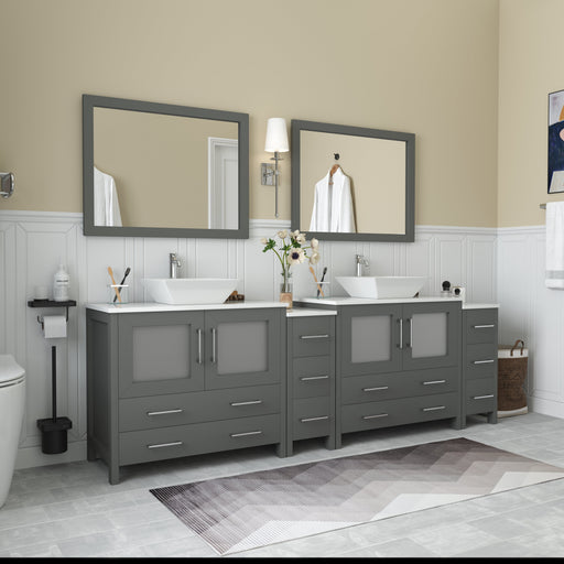 Ravenna 96-inch gray double bathroom vanity combo with white vessel sinks, frosted cabinet doors, and framed mirrors, wide front view