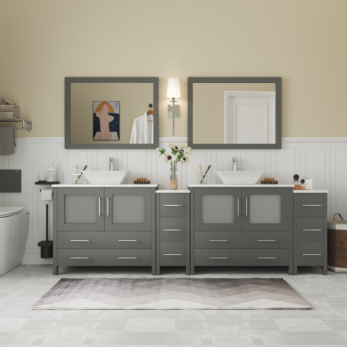 Ravenna 96" Double Sink Bathroom Vanity Combo Set, 10 Drawers 2 Shelves 4 Cabinets White Engineered Marble Top and Ceramic Vessel Sink Bathroom Cabinet with Free Mirrors