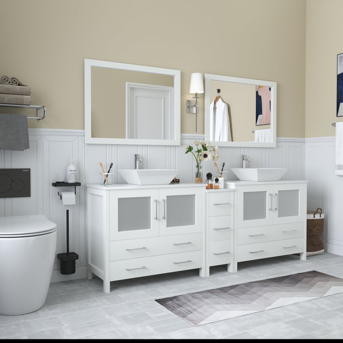 Ravenna 84" Double Sink Bathroom Vanity Combo Set, 7-Drawers, 2 Shelve, 3 Cabinet White Engineered Marble Top and Ceramic Vessel Sink Bathroom Cabinet with Free Mirrors