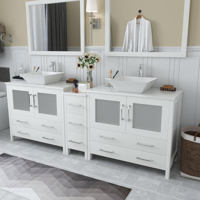 Ravenna 84" Double Sink Bathroom Vanity Combo Set, 7-Drawers, 2 Shelve, 3 Cabinet White Engineered Marble Top and Ceramic Vessel Sink Bathroom Cabinet with Free Mirrors