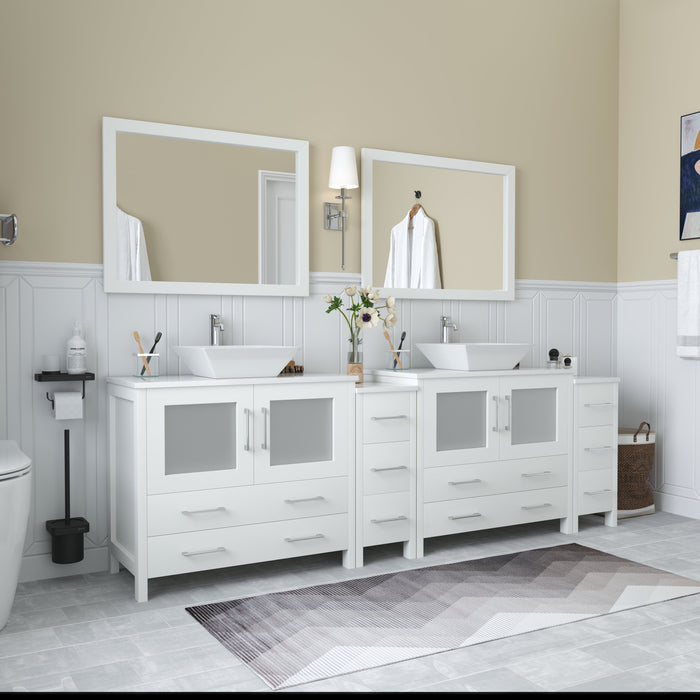 Ravenna 96" Double Sink Bathroom Vanity Combo Set, 10 Drawers 2 Shelves 4 Cabinets White Engineered Marble Top and Ceramic Vessel Sink Bathroom Cabinet with Free Mirrors