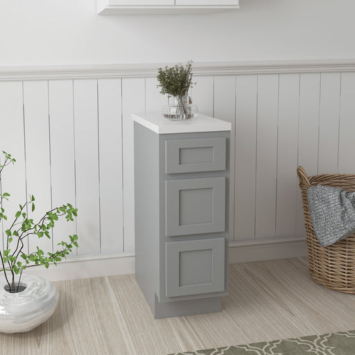 HomeBeyond 12-inch gray 3-drawer bathroom vanity base cabinet side view with white countertop