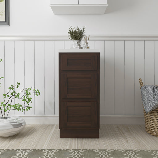 HomeBeyond 15-inch dark walnut wood bathroom vanity base cabinet with 3 drawers closed, front view