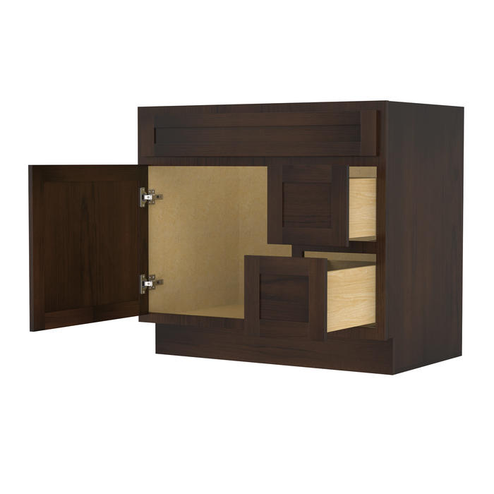 36" Modern Freestanding Oak Plywood Bathroom Vanity Base Only – Shaker Style Storage Cabinet with 2 Extension Drawers & Single Louvered Door VA40362R