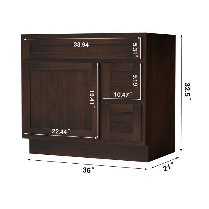 36" Modern Freestanding Oak Plywood Bathroom Vanity Base Only – Shaker Style Storage Cabinet with 2 Extension Drawers & Single Louvered Door VA40362R