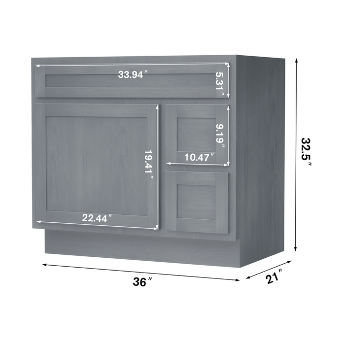 36" Modern Freestanding Oak Plywood Bathroom Vanity Base Only – Shaker Style Storage Cabinet with 2 Extension Drawers & Single Louvered Door VA40362R