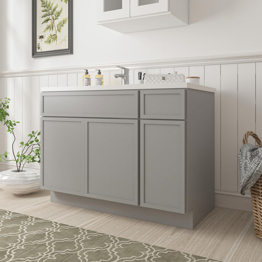 45-inch gray bathroom vanity cabinet, angled view showing depth in styled bathroom interior
