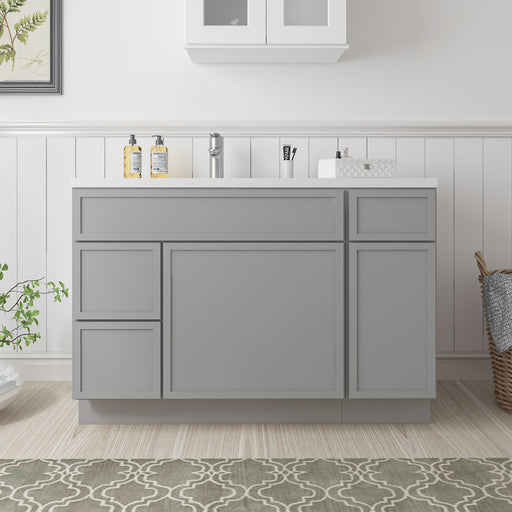 48 inch gray bathroom vanity cabinet with 3 drawers and 2 doors front view in bright bathroom