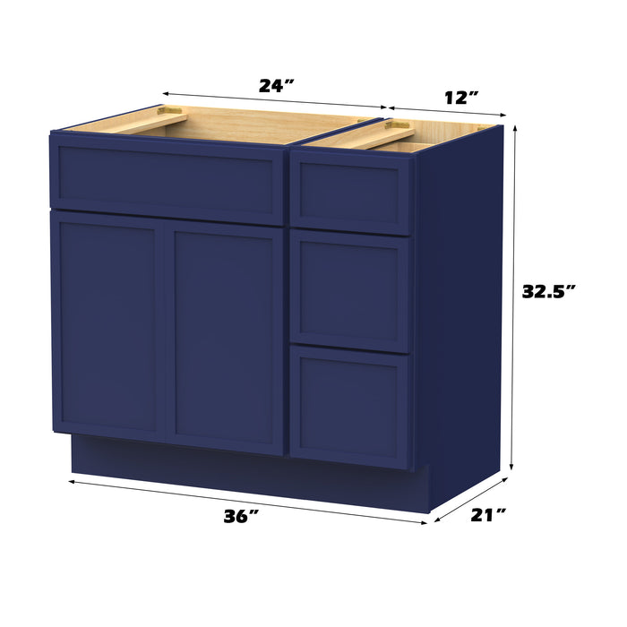 36" Modern Freestanding Birch & Plywood Bathroom Vanity Base Only – Shaker Style Storage Cabinet with 3 Drawers & 2 Soft-Closing Doors VA4124-123