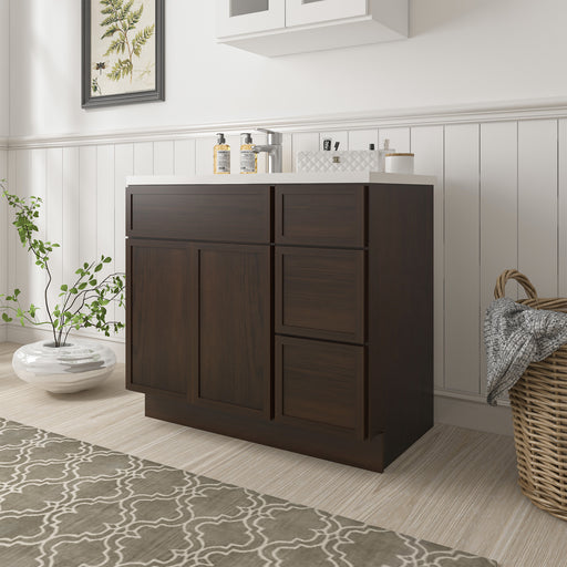 36-inch dark walnut oak bathroom vanity cabinet without top, angled side view showing wood grain texture in bathroom setting