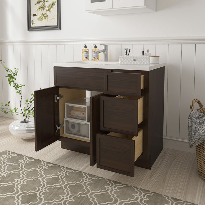 36" Oak Bathroom Vanity Cabinet without Top - 3 Drawers & 2 Doors