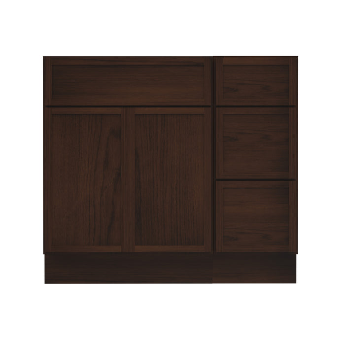 36" Oak Bathroom Vanity Cabinet without Top - 3 Drawers & 2 Doors