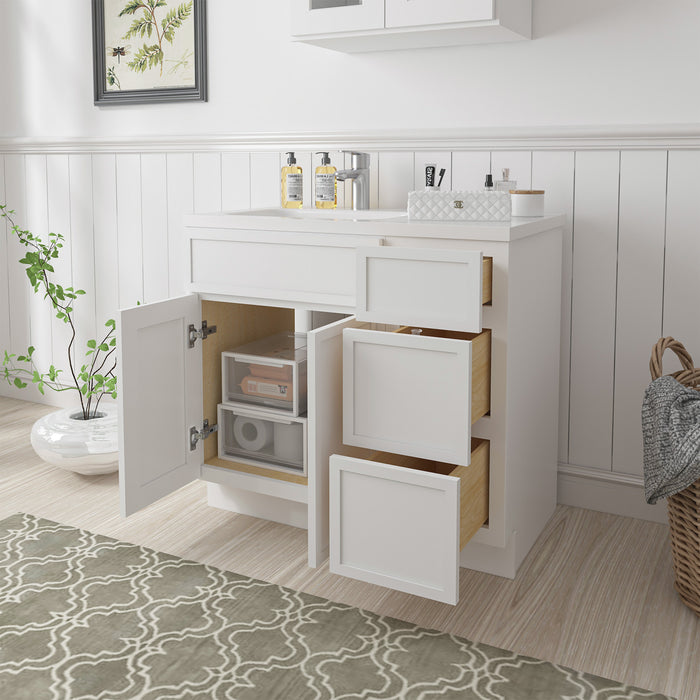 36" Oak Bathroom Vanity Cabinet without Top - 3 Drawers & 2 Doors