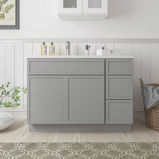 42-inch light gray bathroom vanity cabinet front view with white sink top two doors and three right-side drawers