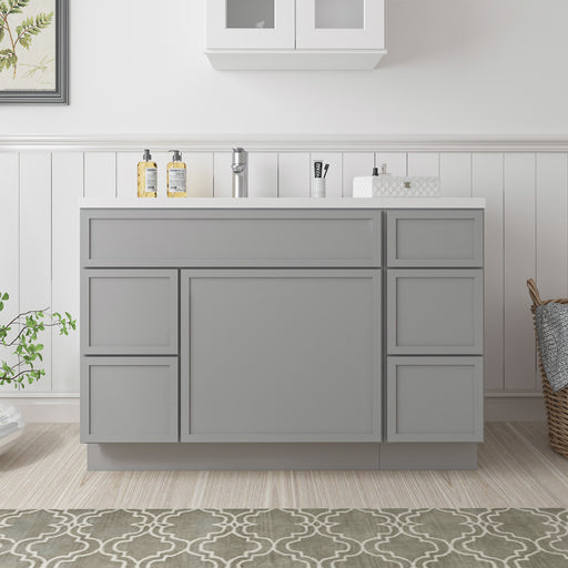 48-inch light gray bathroom vanity cabinet without top, front view, 5 drawers and 1 door, shaker style