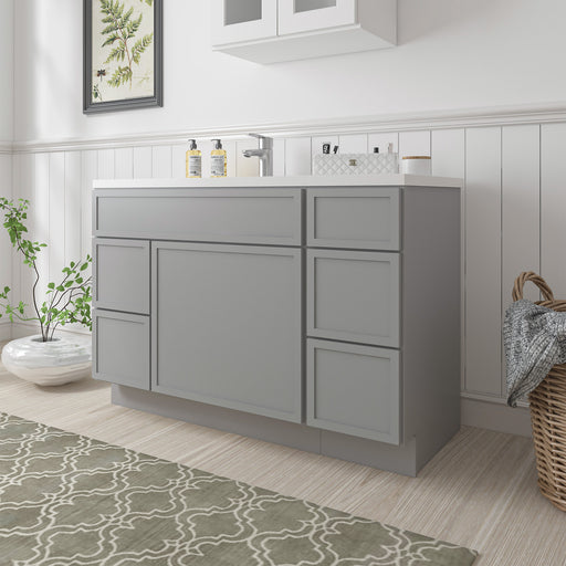 48-inch light gray bathroom vanity cabinet without top, angled side view in bathroom setting