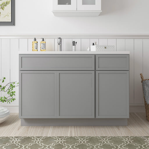 HomeBeyond 48-inch gray shaker bathroom vanity cabinet with white sink top, front view in bathroom setting