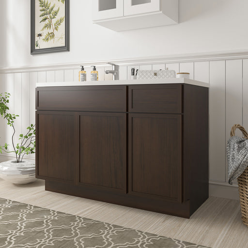 48-inch dark walnut oak bathroom vanity cabinet angled view with white countertop and single sink