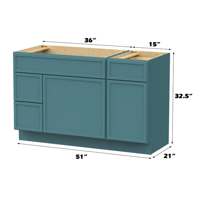 51" Oak Bathroom Vanity Cabinet without Top - 3 Drawers & 2 Doors
