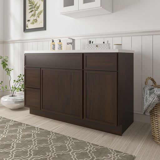 51-inch dark walnut bathroom vanity cabinet without top, angled view in staged bathroom setting