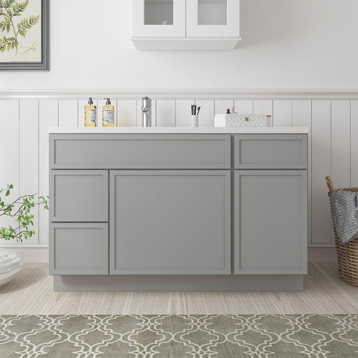 51-inch gray bathroom vanity cabinet with white countertop and sink installed, front view in styled bathroom