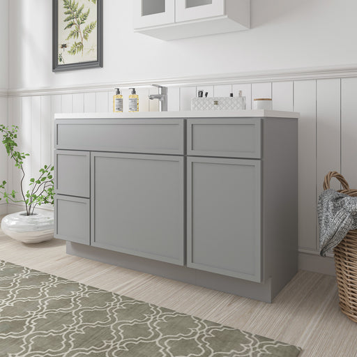 51-inch gray bathroom vanity cabinet with white countertop, angled right-side view in light gray bathroom