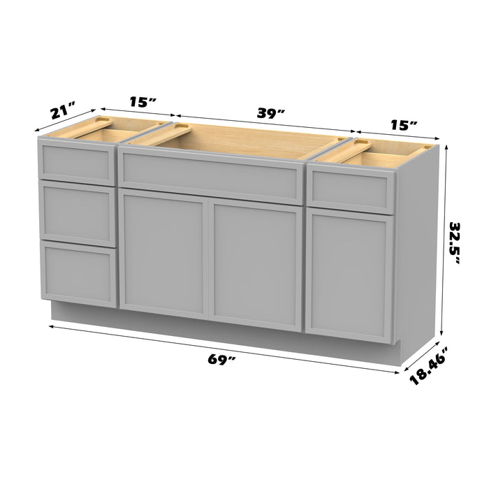 69" Modern Freestanding Birch & Plywood Bathroom Vanity Base Only – Shaker Style Storage Cabinet with 4 Drawers & 3 Soft-Closing Doors VA41153-39-151