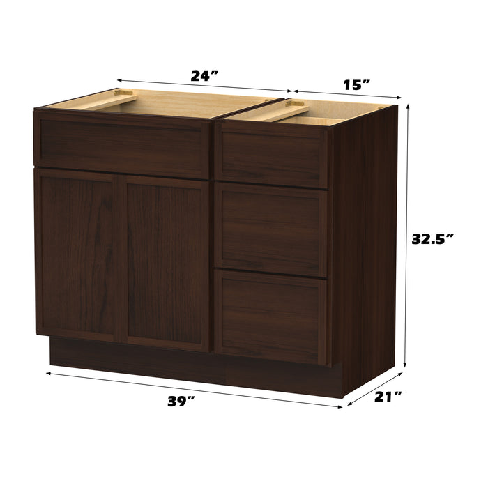 39" Modern Freestanding Birch & Plywood Bathroom Vanity Base Only – Shaker Style Storage Cabinet with 3 Drawers & 1 Soft-Closing Door VA4124-153