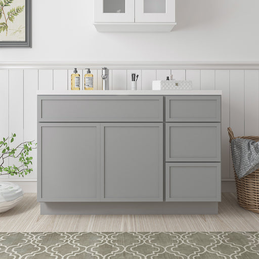48-inch gray bathroom vanity cabinet with 2 doors and 3 right-side drawers, white countertop, front view